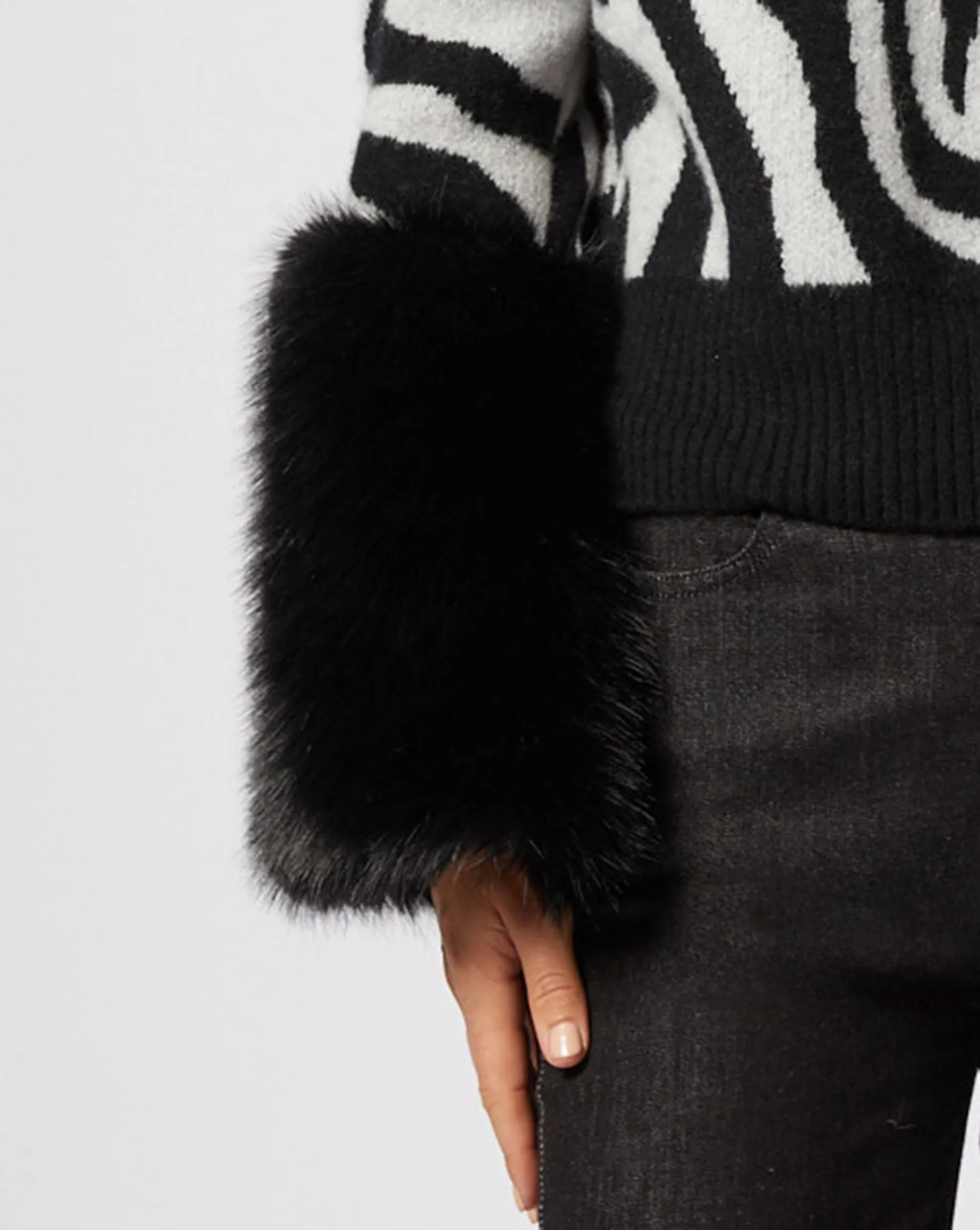 Zebra Print Cashmere & Faux Fur Cuff Sweater